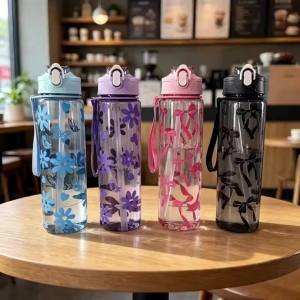 750ML Floral Bow Large Capacity Water Bottle Fresh Easy High Aesthetic Straw Cup with Handle Portable Suitable for Travel