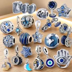 Hot Sale Blue Galaxy European Charms Beads925 Silver Star Moon Evil Eye PendantsDIY Universe Astrology Jewelry Gifts For Women