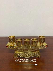 Bộ khay 5 chén bằng đồng vàng- ly bằng đồng nguyên chất khay nước thờ.Đồ thờ cúng