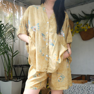 ผ้าฝ้าย ผ้าไหม แขนสั้นสั้น กางเกง ผู้หญิง ชุดนอน ชุดสไตล์ญี่ปุ่นแบบบาง คาร์ดิเกน ฤดูร้อน หลวม น่ารัก ชุดอยู่บ้าน