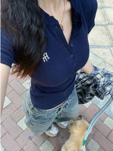 Slim Fit Short Sleeve T-Shirt Womens Summer Design Unique Style Letter Button Casual Fashion Breathable Polyester Fiber