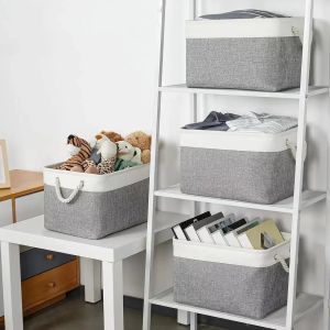 Multi-Size Foldable Storage Basket Linen Fabric Organizer Bin with Handle Large Capacity Storage Box for Living Room Bedroom