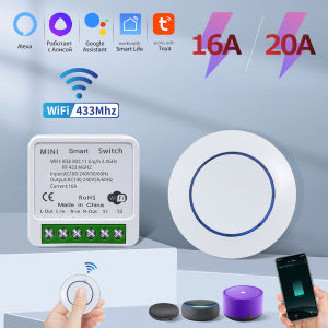 20A Tuya WiFi Smart Switch 16A RF 433Mhz Wireless Relay Receiver Mini Round Panel Switch Alexa Google Home Alice Voice Control