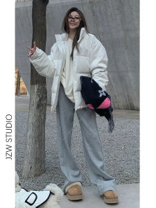 Gray Fleece Wide Leg Casual Pants Womens High Waist Loose Slimming American High Street Drapey Floor-Length Straight Leg Pants