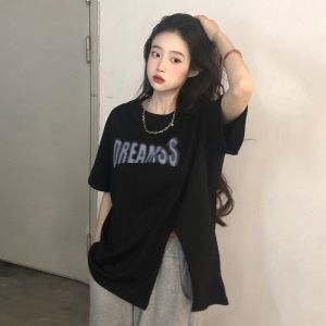 Áo Thun Cotton Tay Ngắn in Chữ Màu Đen Cho Nữ Mùa Hè Thiết Kế Hở Rộng Rãi Phong Cách HongKong Áo Thun Nữ