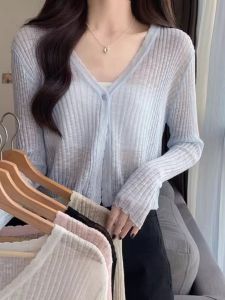 น้ำหนักเบา น้ําแข็งถัก ผ้าไหม Wrap คาร์ดิเกน สําหรับผู้หญิง ฤดูร้อน คอวี แขนยาว สลิมฟิต สไตล์เกาหลี แจ๊กเก็ตเดินทางสํานักงาน