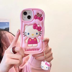 【New】Wave 3D Effect Kitty Princess Liquid Silicone Phone Case with pendant For iPhone 11 12 13 14 15 16 Series