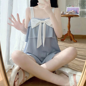 ชุดนอนฤดูร้อนผ้าฝ้ายสีขาวสําหรับสาวๆ น่ารักและเซ็กซี่ด้วยลายปักไหมพรมและกางเกงขาสั้นคอคําเดียวสไตล์บริการที่บ้าน