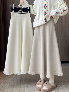 Thickened Knitted Fringe Pleated Skirt Womens Autumn Winter High Waist Slim A-Line Midi Umbrella Skirt Korean Style Commute