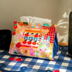 Luxury High-end Patchwork Tissue Box Cartoon Style Living Room Car Use Drawstring Paper Towel Holder Korean Trend Handmade