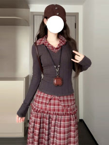 ชุดเดรสยาวลายสก็อตสีแดงสไตล์เกาหลี ชุดสองชิ้น แขนยาว กระโปรงทรงเอ เดรสยาวคลุมเข่า ฤดูใบไม้ผลิและฤดูใบไม้ร่วง