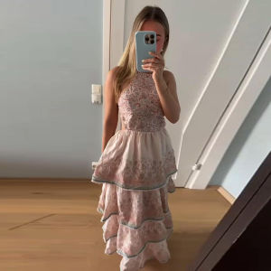 Vintage Floral Halter Cake Dress For Women Elegant Slim Hollow Out Sleeveless Female Long Dresses 2026 Summer Holiday Lady Robe