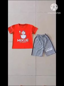 Setelan Kaos Anak Laki D&C Es Krim Merah Salur / One Kuning Celana Bxr Usia 2-10 tahun / Pakaian Anak Cowok