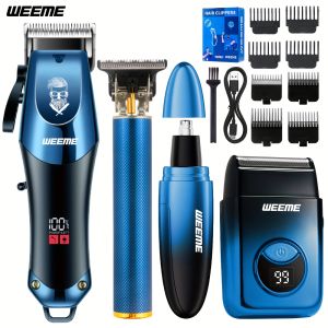 Bộ Cắt Tóc Chuyên Nghiệp 4 Món Cho Nam Màu Xanh Dương Không Dây Có Màn Hình LED Kèm Dao Cạo Và Máy Cắt Lông Mũi Sạc Nhanh Lưỡi Dao Bằng Thép Không Gỉ