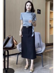 Fashionable Lady Suit Set Womens Autumn High Collar T-Shirt Top Suit Mini Skirt High End Sensation Small Fragrance Style Two Piece Set