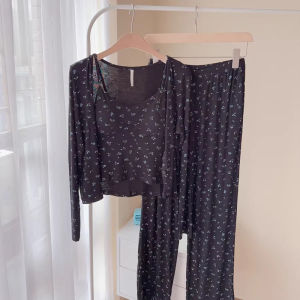 Modal Pure Cotton Pajamas Womens Three-Piece Set Spring & Fall Long Sleeve Spaghetti-Strap Small Floral with Chest Pad Young Adult Pastoral Style Suit