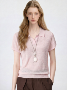 Pink Polo Collar Breathable Versatile Slimming T-shirt