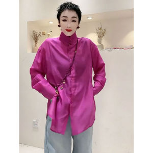 New Chinese Style Long Sleeve Shirt Womens Casual Tang Costume Stand Collar Button up Loose Slimming Casual Shirt