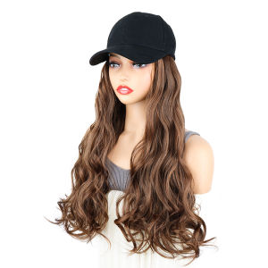 หมวกวิกผมสังเคราะห์สำหรับผู้หญิง สีดำ ผมยาวหยิก หมวกเบสบอลแฟชั่น หมวกวิกผมแบบปรับได้