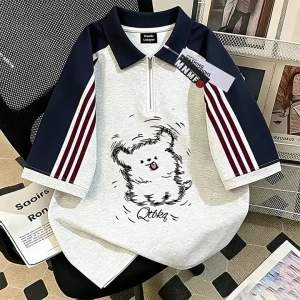 Áo Thun Polo Cổ Dài Nửa Mở Zip Bằng Cotton