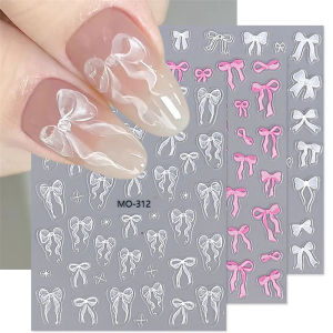 【แสงแดดที่สมบูรณ์แบบ】สติกเกอร์ติดเล็บลายนูนโบว์5D ลายริ้วโบว์ลูกไม้สีขาวชมพูน่ารักสง่างามดีไซน์ตัวเลื่อนออกแบบอุปกรณ์แต่งเล็บสลักสไตล์ Y2K แบบ DIY