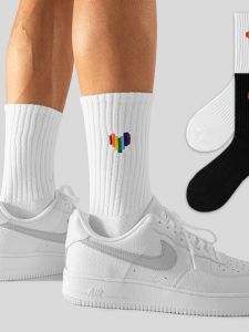 Boys Sports Knee High Pure Color Pure Cotton Socks Minimalist Rainbow Embroider Heartbeat Men White Socks Black Socks Students Socks Men