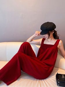 QIANSHUIYIYUN | Red Knit Overalls Loose Fitting Jumpsuit