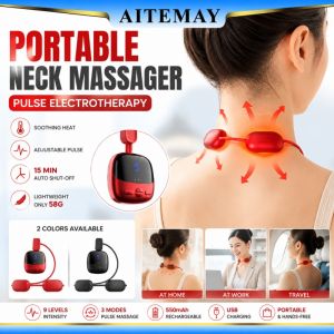 Aitemay Electric Cervical Spine Massager 4 Modes 9 Levels Intensity USB Rechargeable Neck Massage Device With LED Display Ergonomic Electrode Pads For Office Home