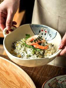 ชามเซรามิกลายแมวสองหูขนาดใหญ่สำหรับใช้ในบ้าน ชามซุป ชามผัดน้ำซุป ชามผัดข้าว ชามสลัด เครื่องมือทานอาหารคุณภาพสูง