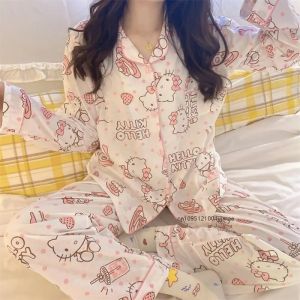 2Pcs Hello Kitty Woman Pajamas Set Anime Sanrio Kuromi Kawaii Cartoon Loose Sleepwear Pajamas Sets Girl Long Sleeves Home Wear