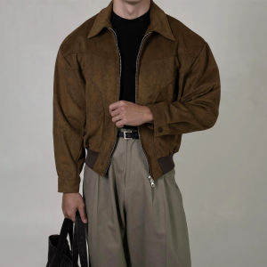 DAVID&ME | Turn-down Faux Suede Aviator Jacket Mens Lightweight Semi-mature Business Casual Brown Short Style