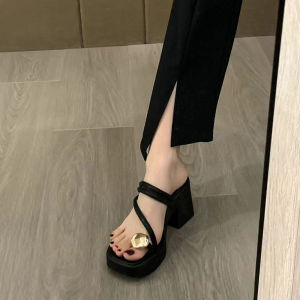 Elegant Thick Heel Sandals Womens Summer Outdoor Wear High Heels Comfortable Slip-On Mules Fashionable Trendy PU Material