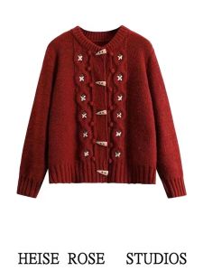 Thickened Christmas Red Womens Knitted Sweater Buttoned Cardigan Embroidered Horned Cuffs Vintage Japanese Style Warm Outerwear