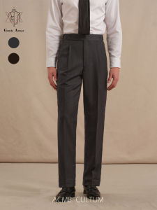 Fine Wool Herringbone Pattern High-Waist Single Pleat Straight Leg Dress Pants