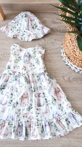 DRESS ANAK PEREMPUAN MOTIF RABBIT DRESS ANAK+TOPI BAJU ANAK PEREMPUAN CASUAL