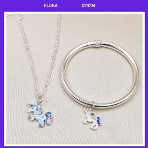 FLORA 0747M - Set bạc dây chuyền vòng tay hình ngựa Pony Unicorn dành cho bé gái