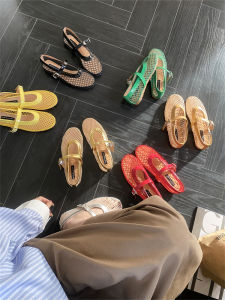 2025 New Womens Casual Breathable Hollow out Flat Bottom Fish Net Sandals High Insole Slip-On Fashionable Korean Style Shoes