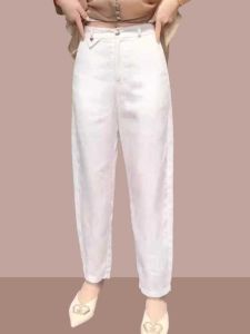 กางเกงขายาวทรงหลวมผ้าลินินสีขาวสำหรับผู้หญิง กางเกงขายาวทรงหลวมสไตล์ฮาราจูกุ ทรงสลิมฟิต ทรงหลวม ทรงลำลอง ทรงเข้ารูป