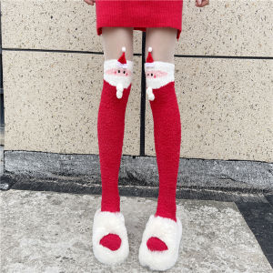 ถุงเท้าคริสต์มาสสีแดงขากว่าเข่าสำหรับผู้หญิง ฤดูใบไม้ร่วง/ฤดูหนาว ขนแกะคอรัลหนา อบอุ่น น่ารัก ถุงเท้าขากว่าเข่าแบบยาวปานกลาง