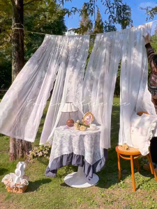 ผ้าม่านสีครีมม่านหน้าต่างลูกไม้ฝรั่งเศสสำหรับเด็กผู้หญิงไม่จำเป็นต้องเจาะรูติดตั้งผ้าม่านแท่ง เบย์หน้าต่างห้องนอนแรเงาหน้าจอหน้าต่างในฝัน