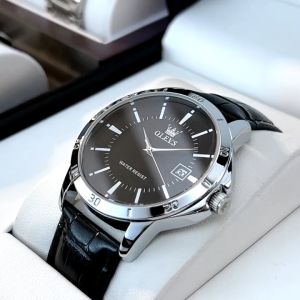 OLEVS Jam Tangan Pria Original 716 Anti Air Cowok Kalender Kulit Asli Fashion Analog Hitam Men Watch