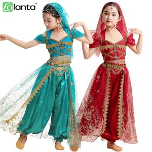 LOlanta Kids Indian Belly Dance Set Princess Halloween Costume Aladdin Lamp for Children Girls Red Blue Stage Oriental Performance Clothes Suit 3-13Years