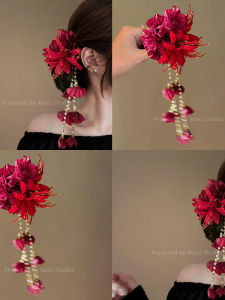 Red Flower Headwear for Bride New Chinese Style Hair Clip Wedding Accessories Duckbill Clip Qipao Matching Decorations
