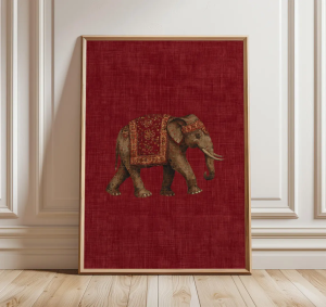 Indian Elephant Pattern Print Red Textile Wall Art Boho Tribal Decor Oriental Animal Poster Cultural Interior Design