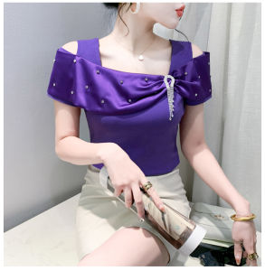 Yimei Áo thun cho nữ ngắn tay viền diềm xếp nếp vải satin 2024 thời trang mới ôm vừa áo cotton màu tím đeo vai thời trang mùa hè