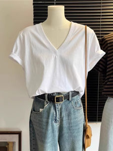 Summer Commute White V-Neck Short Sleeve Womens T-Shirt Loose Large Size Pure Cotton Fashionable Shoulder-Length Heart Neck Top