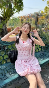 TW21702 เดรสสั้นสก็อต แขนกุด สม็อครอบเอว กระโปรงบอลลูน ..