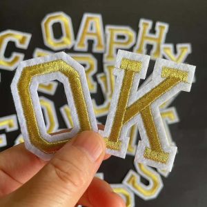 A~Z  Gold Alphabet Letters With White Edge Embroidery Applique Iron On Patches BadgesThermoadhesive Fabric Clothing Stickers