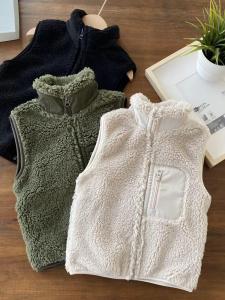 Warm Soft Static-Free Long Shaggy Fleece Vest Thick Autumn Winter Outerwear for Boys Ages 5-14 Zipper Closure Solid Color