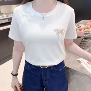 AMMIN 2024 summer new simple round neck fashion r button design short sleeve pure cotton T-shirt Womens new Chinese exquisite butterfly embroidery design casual elegant blouse